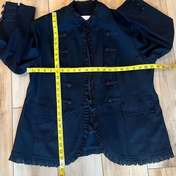 Chicos Military Ponte BlazerJacket Ruffle Trim Buttons Black  XL (Chicos 3) - Picture 4 of 14